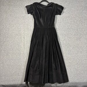Vintage Teena Paige Black Velvet Pleated Fit & Flare Cocktail Dress 1950s MCM